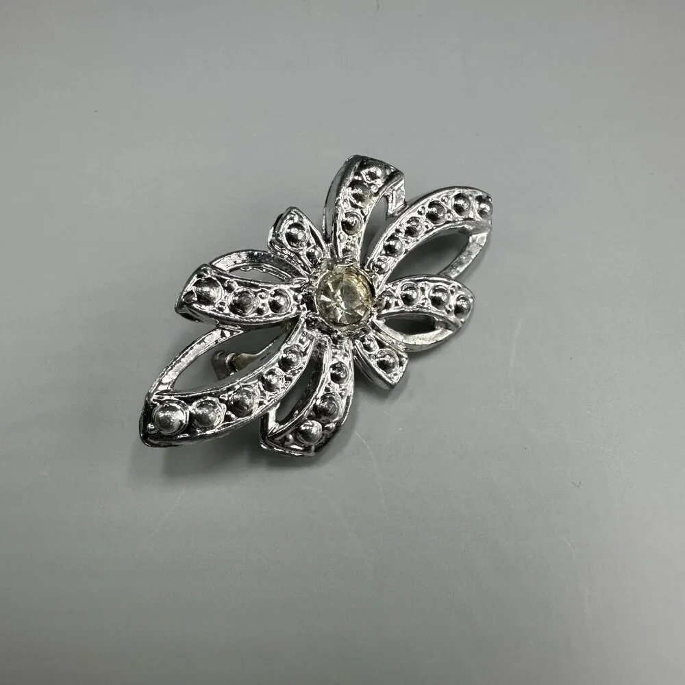 3/$30 Vintage Rhinestone Bow Brooch Silver Tone Textured Floral Ribbon Pin